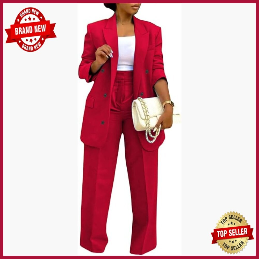 Double Breasted Blazer High Waisted Wide Leg Pants Suit Set Business Casual
